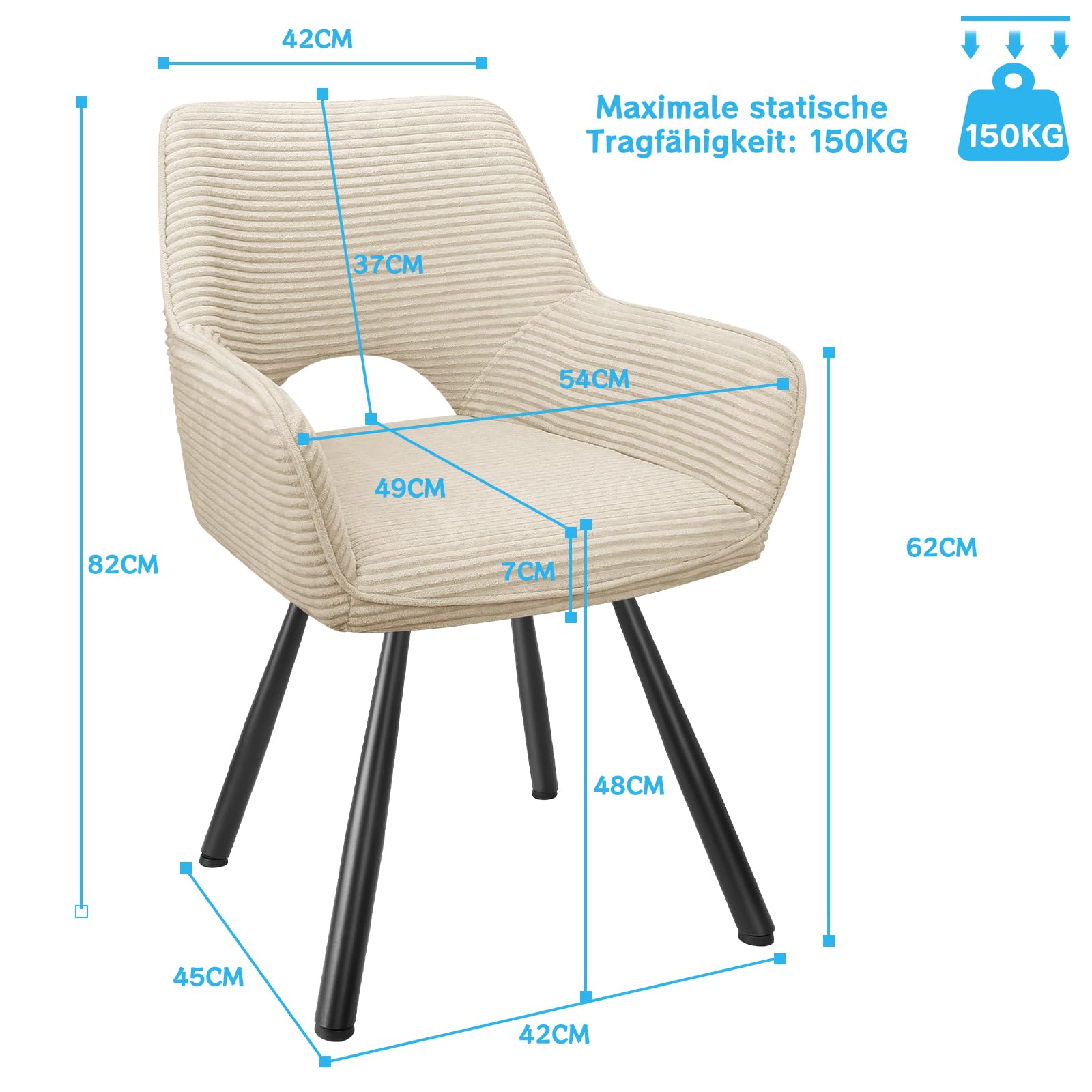 JIJIAN 1er Set Esszimmerstuhl Drehbar mit Armlehne, Drehbar 360°, Küchenstuhl, Moderner Polsterstuhl mit Stoffrückenlehne für Küche, Esszimmer, Schlafzimmer, Beige