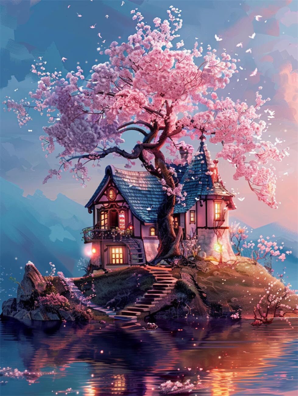 RKFLGEW DIY Embroidery Beads Set Pink Flowering Trees and Houses 30x40cm