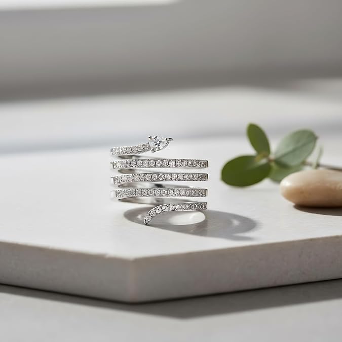 Sterling Silver Cz Wide Wrap Around Snake Ring (Size 4-9)