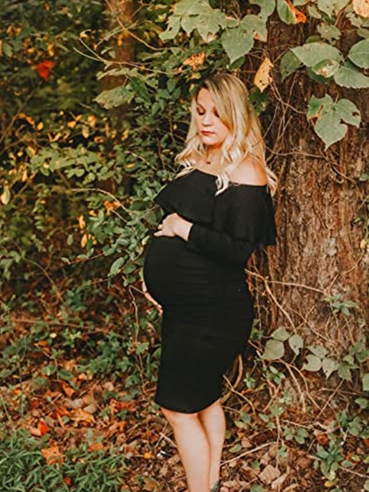 Jezero Umstandskleid Damen Schulterfrei Rüschen Ärmellos Bodycon Kleid für Baby Schnaps