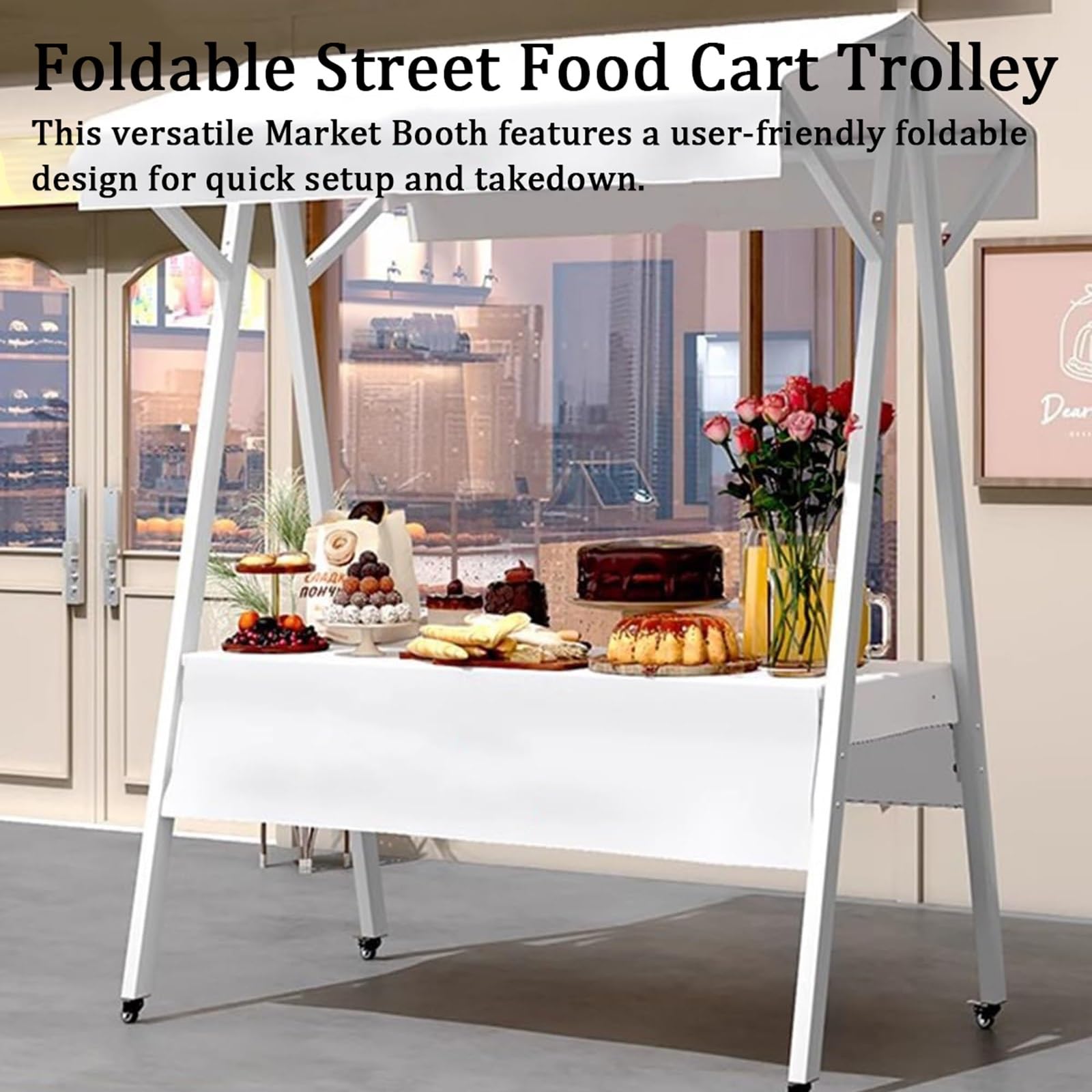 Carrello per alimenti da strada pieghevole, carrello per venditori di alimenti portatile, carretti per venditori all'aperto con tenda da sole e tovaglia, espositore per bancarella del mercato
