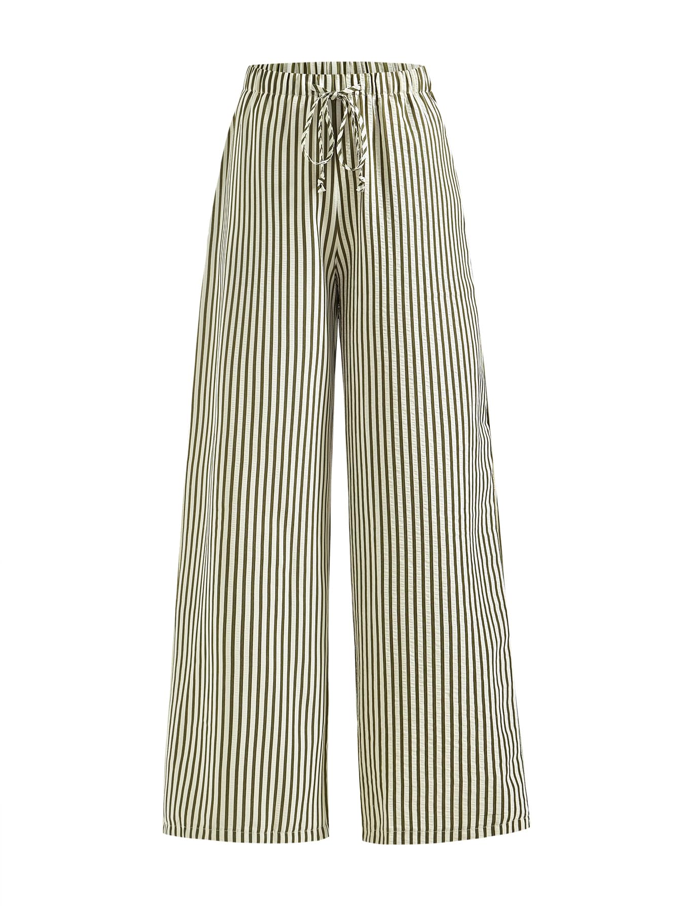 Womens Striped Knot Long Pants Drawstring Elastic Waist Trousers Wide Leg Bottoms