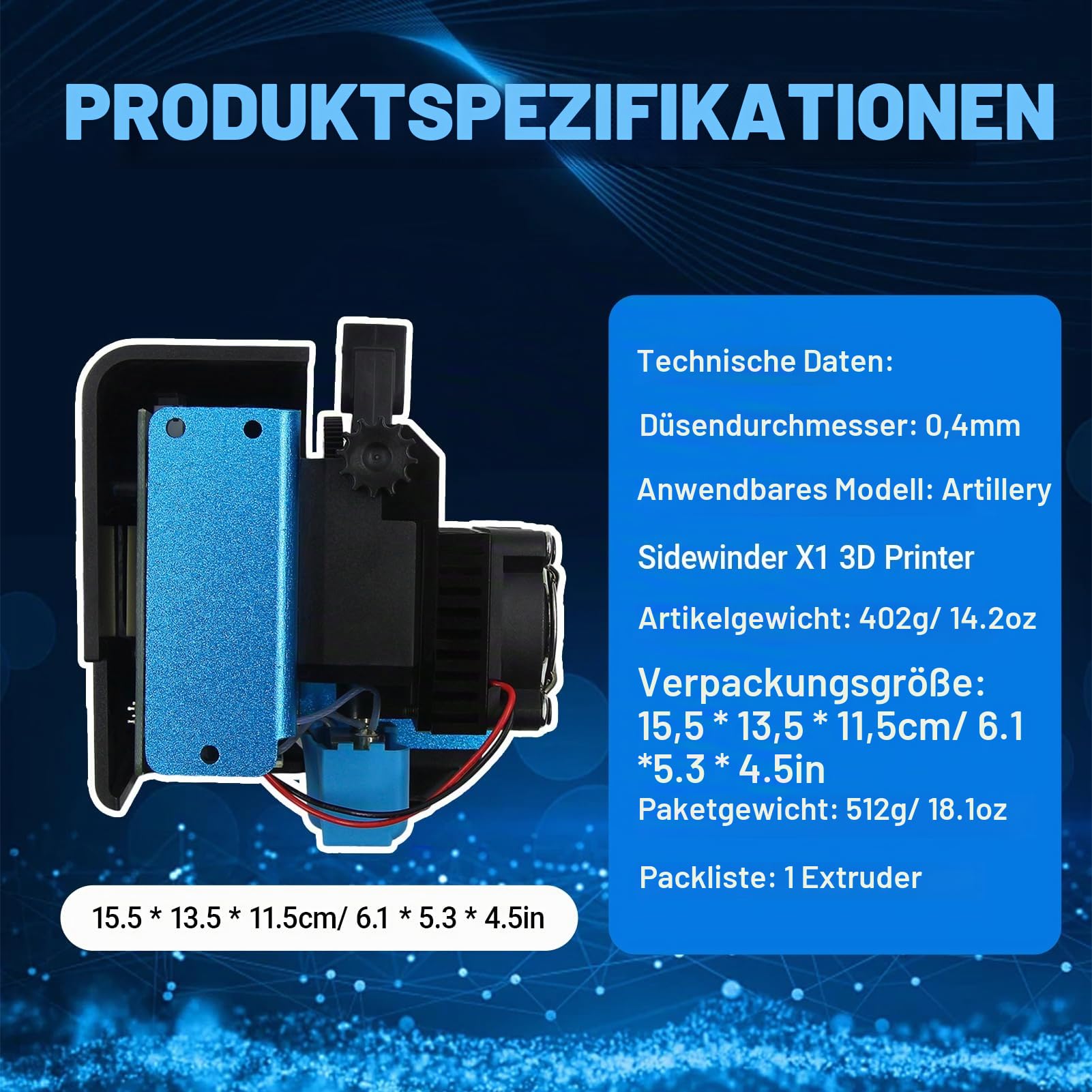 Artillery Direktantriebsextruder, Einzeldüsenextruder für 1,75-mm-Filament, 3D-Drucker, Ersatzteil, kompatibel mit Sidewinder X1 3D-Drucker