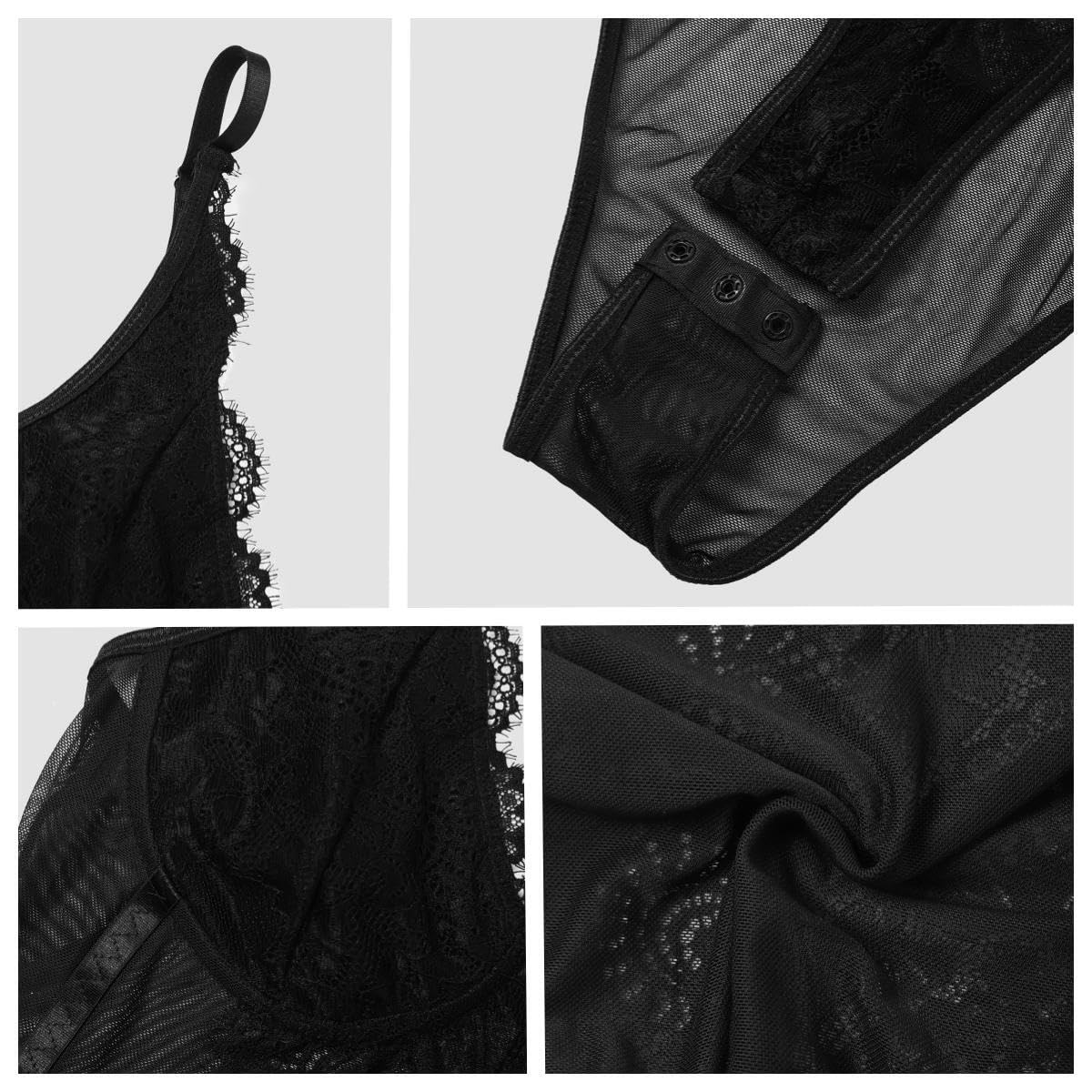 Body Femme Sexy Bodysuit en Maille Transparente Bodys en Dentelle Florale Bretelles Spaghetti Bodycon Combinaisons Jumpsuit Tops Dos Nu Élégant Lingerie Party Justaucorps Clubwear