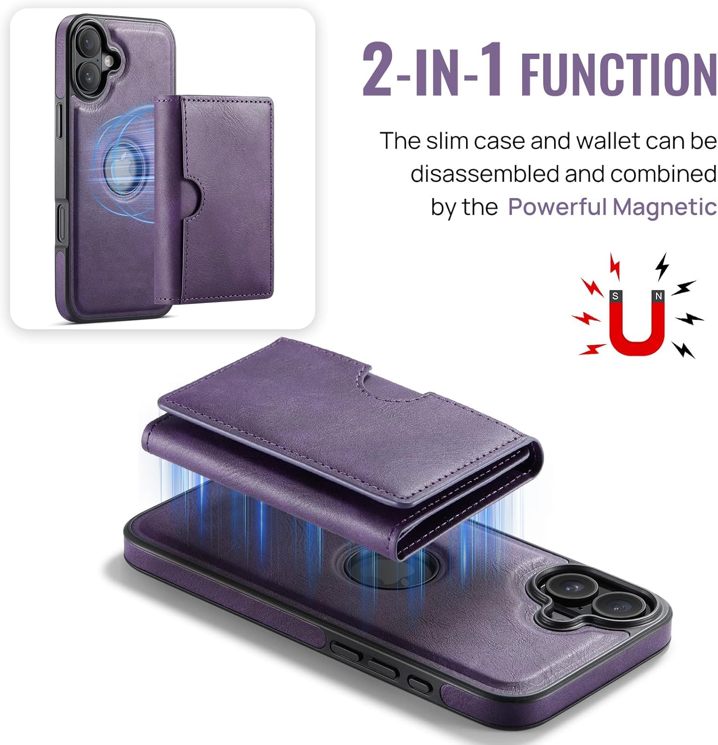 Asuwish Phone Case for iPhone 16 6.1 inch Wallet Magnetic Detachable Cell Cover with Wireless Charging and RFID Blocking Credit Card Holder Flip Stand Kickstand i Phone16 i16 16Case Women Men Purple