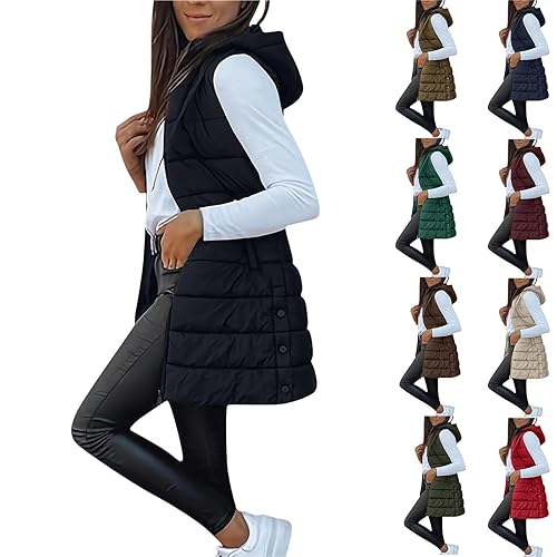 Long Puffer Vest Women Winter Hooded Sleeveless Coat Warm Quilted