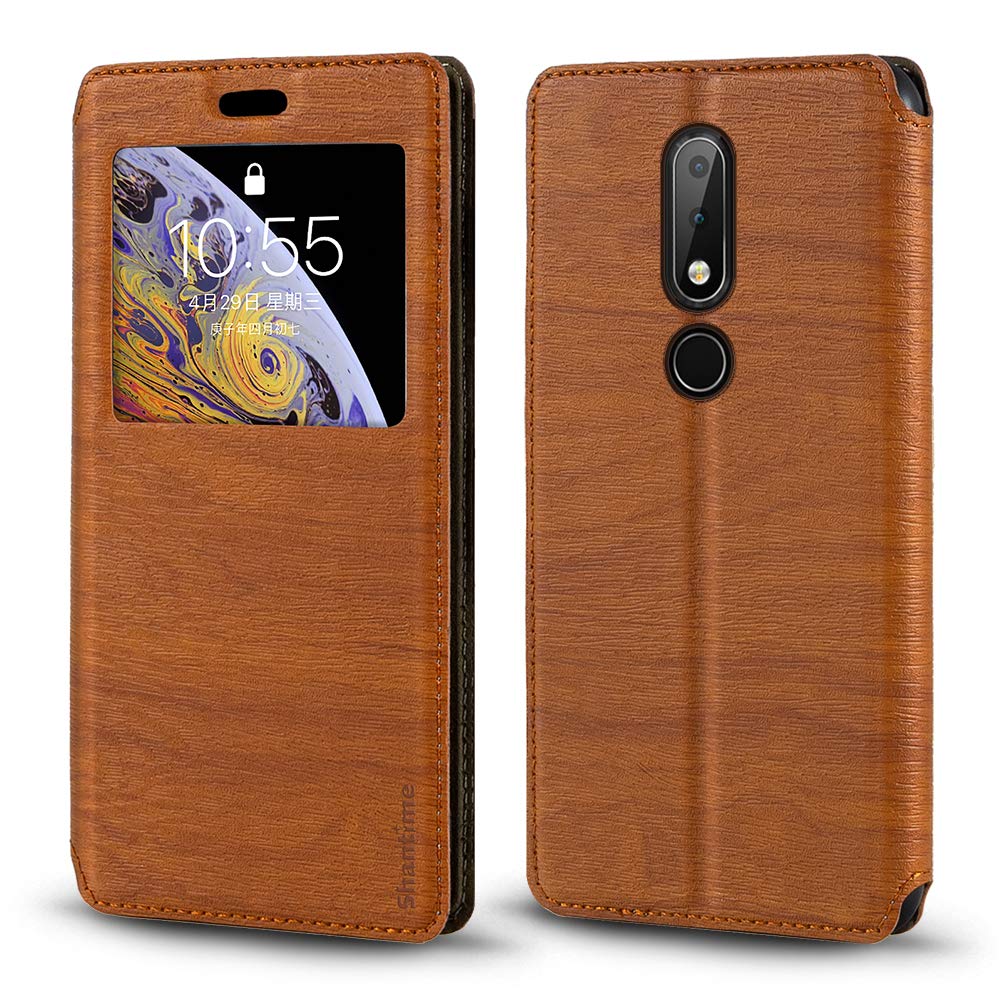 Nokia Plus Case, Wood Grain Leather Case with Card Holder and Window,  Magnetic Flip Cover for Nokia X6