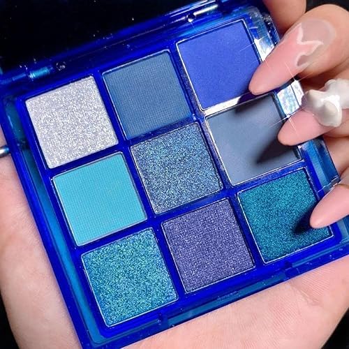 Go Ho 9 Style Blue Grey White Powder Makeup Eyeshadow Palette, Matte & Pearl Shimmer Design Waterproof Cool Blue Eye Eyeshadow Palette for Women & Girls - Set 5(Blue Gray Light Blue)