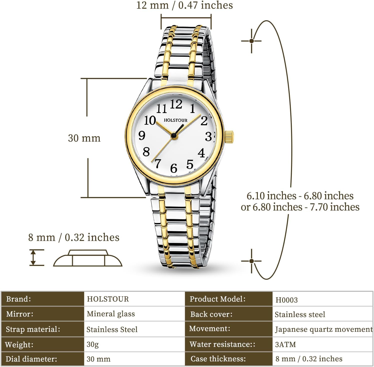 Gold Watches for Women Easy Reader Watch,with Stainless Steel Expansion Band, 30M Resistant. - Image 4