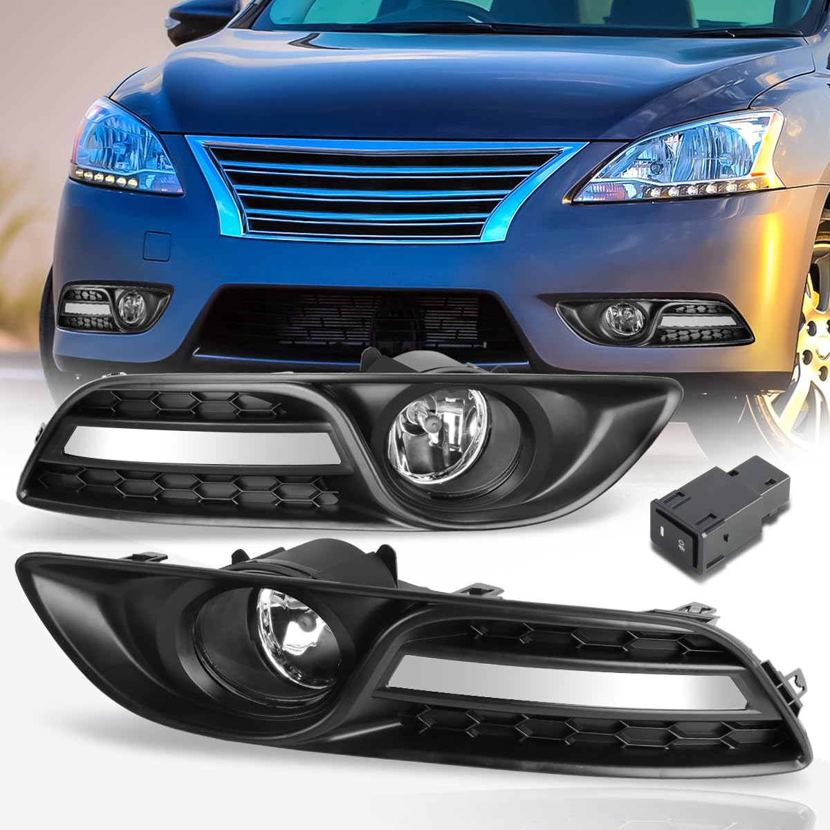 PM PERFORMOTOR Front Bumper Fog Lights Lamps w/Switch Compatible with Sentra 4-Dr Sedan 13-16,Clear Lens