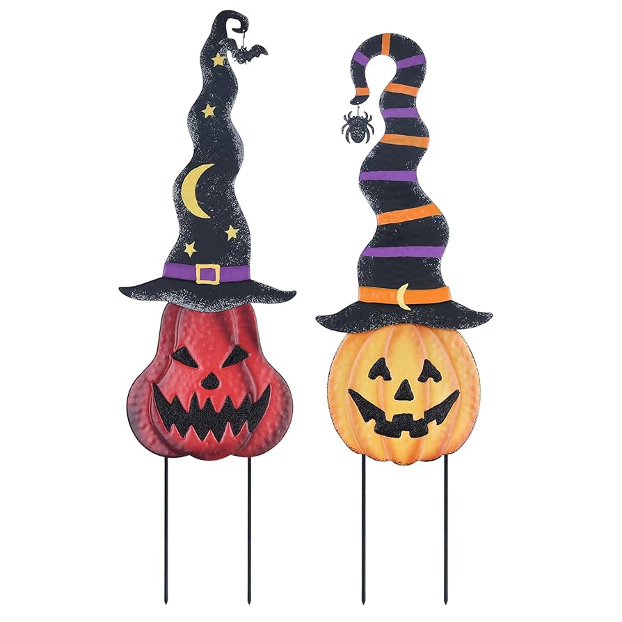 2-Pack Metal Pumpkin Garden Stakes With Witch Hats - Halloween Outdoor Decor 32" & 30.7" Height