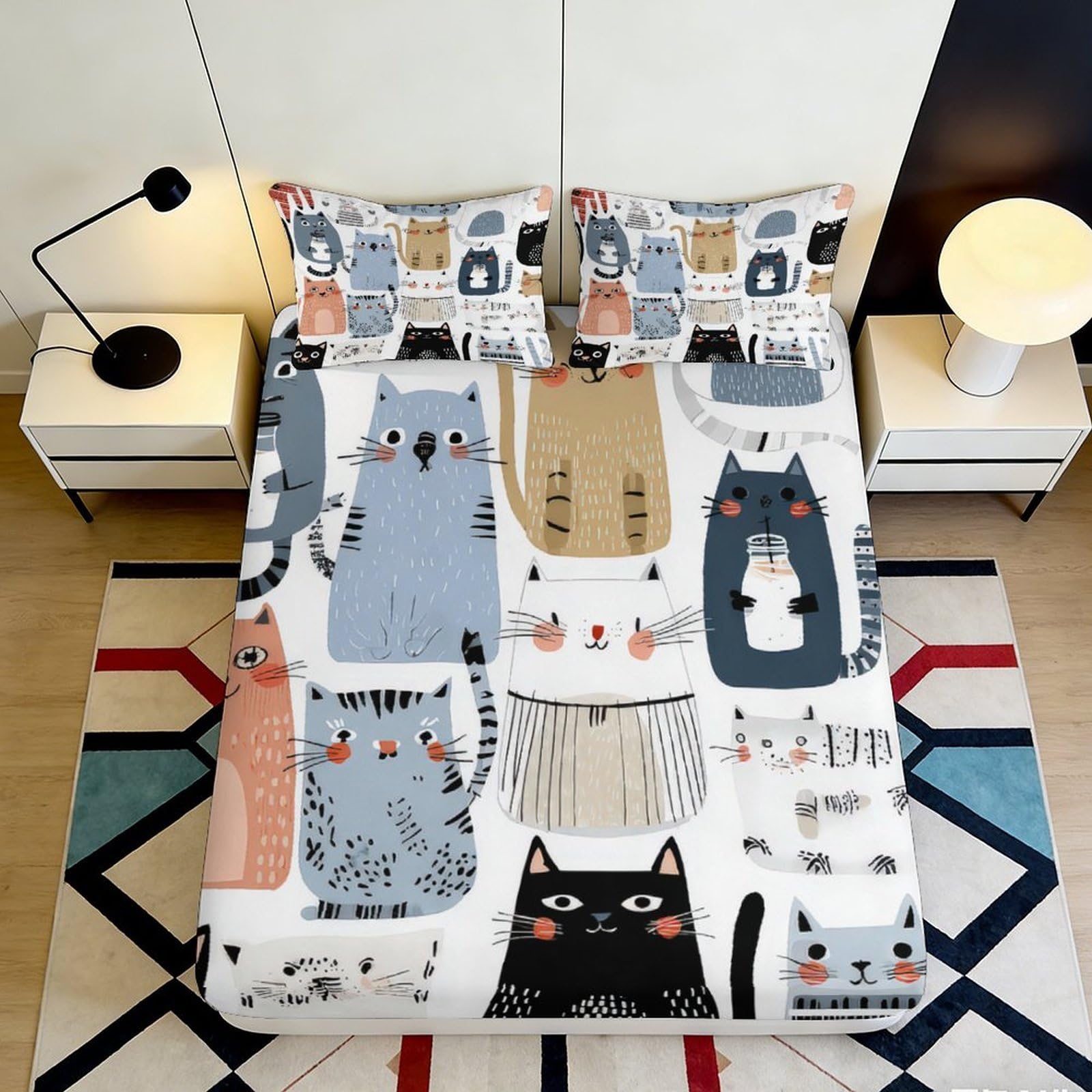 3D Printed Cartoon Cat Fitted Sheet Microfiber Anti-Slip Cute Animal Bed Sheet for Bedroom Dorm Easy Care 90x200x25cm