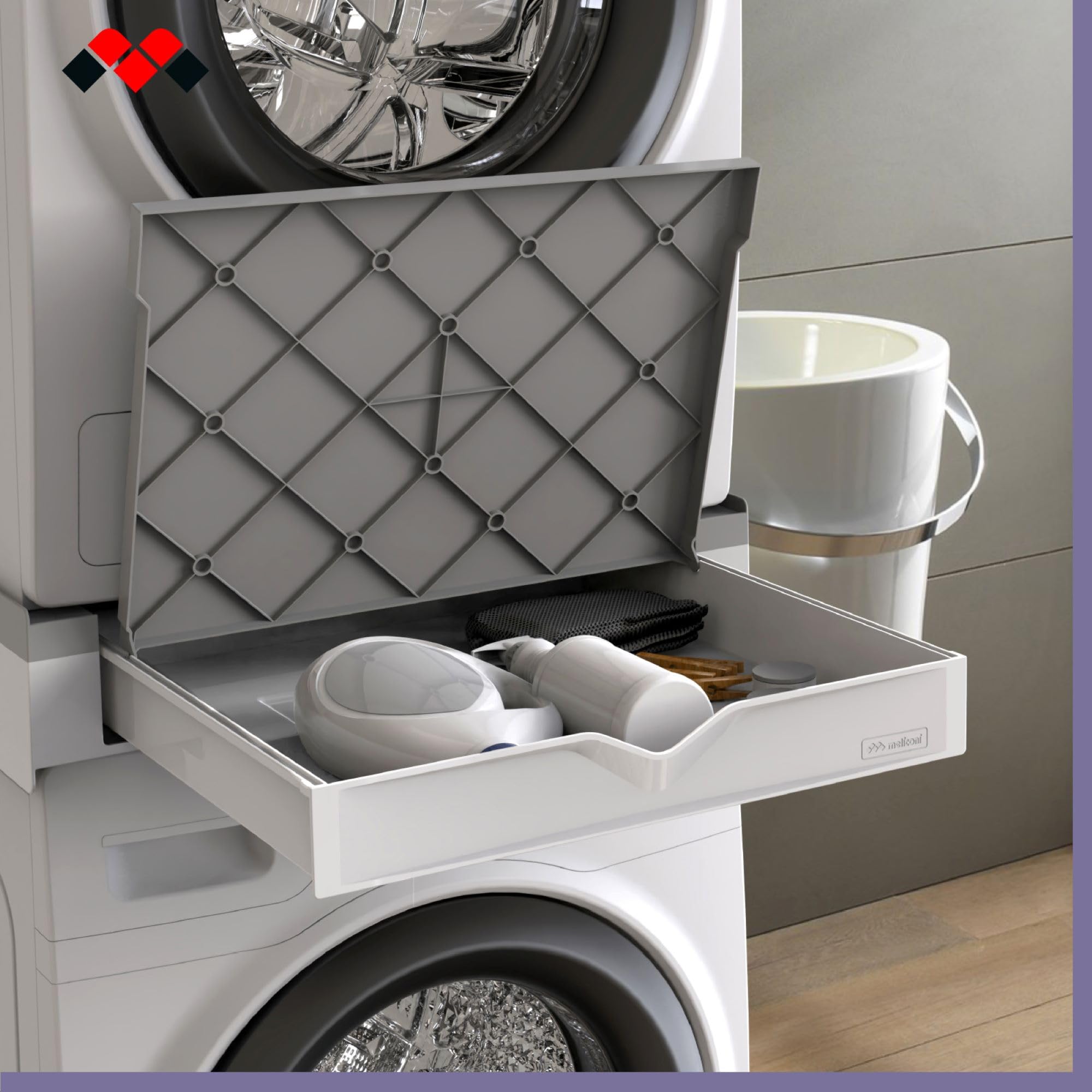 Meliconi Torre Duo, Kit Apilamiento Lavadora Secadora 2 en 1 | Premontado, con Estante de Apoyo y Compartimento de Almacenamiento, Cinta de Seguridad, Capacidad 250kg, Made in Italy, Negro