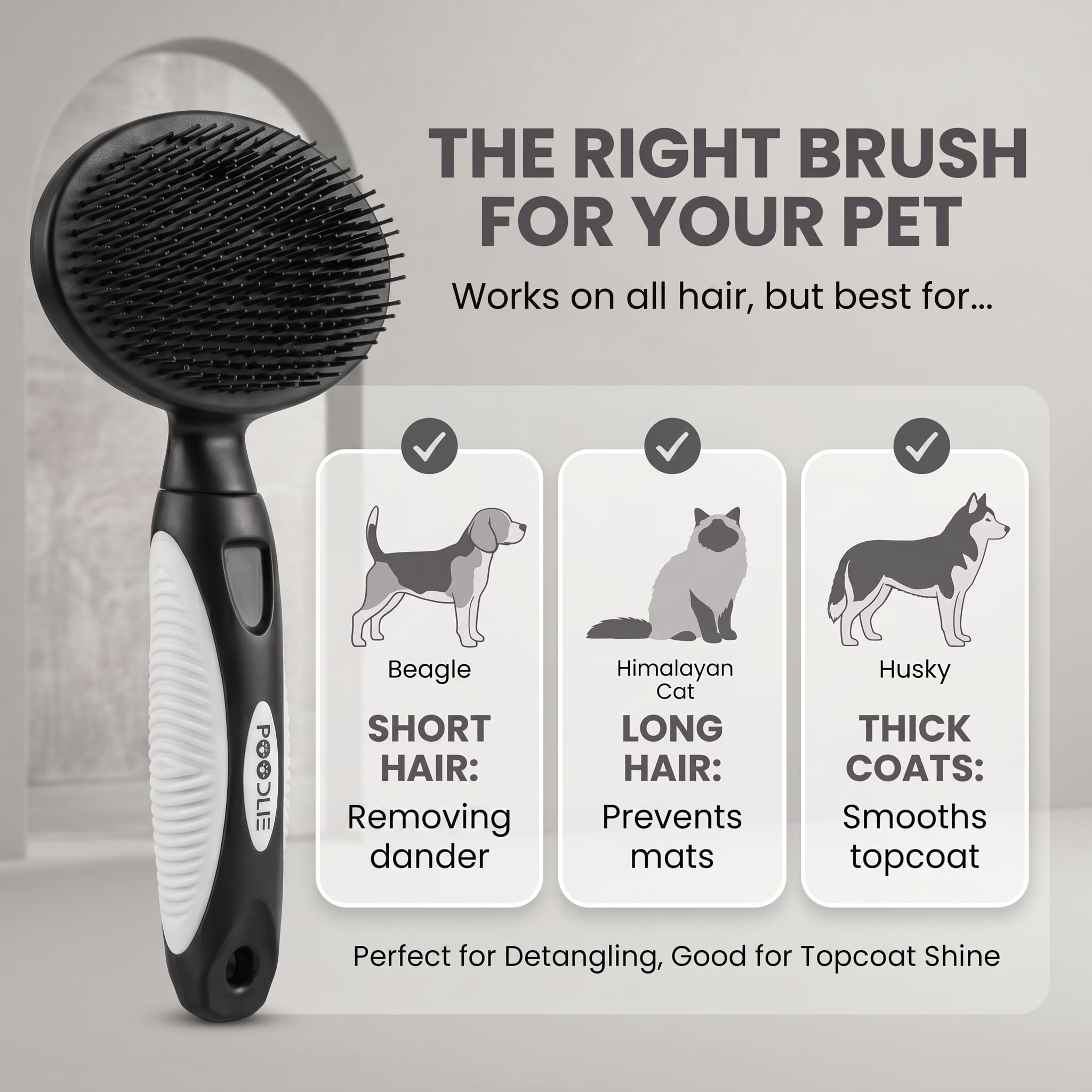 Brosse à poils ronds pour chiens et chats – Brosse douce pour le toilettage des poils courts ou longs – Outil doux pour peaux sensibles Élimine les squames, la saleté et démêle (noir)