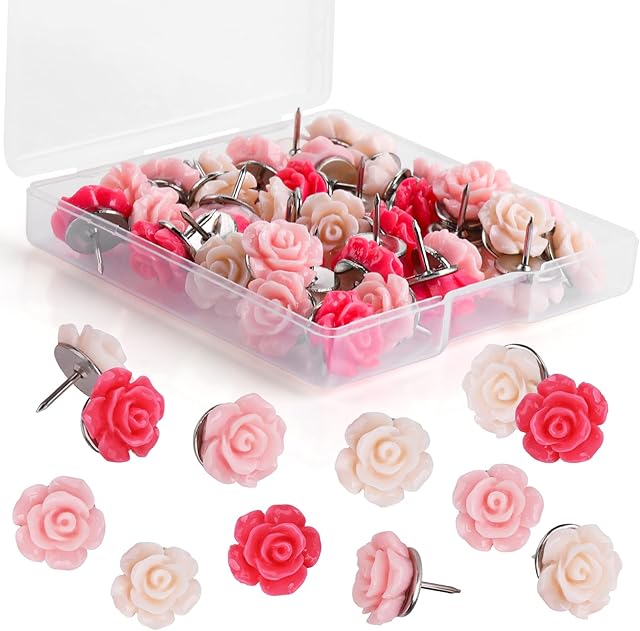 Prasacco 40 Pieces Rose Push Pins, Thumb Tacks Decorative Push Pins for Cork Board Flower Tacks Cute Thumb Tacks for Photo Wall Feature Wall Whiteboard Cork Board Map Bulletin Board Office or Home