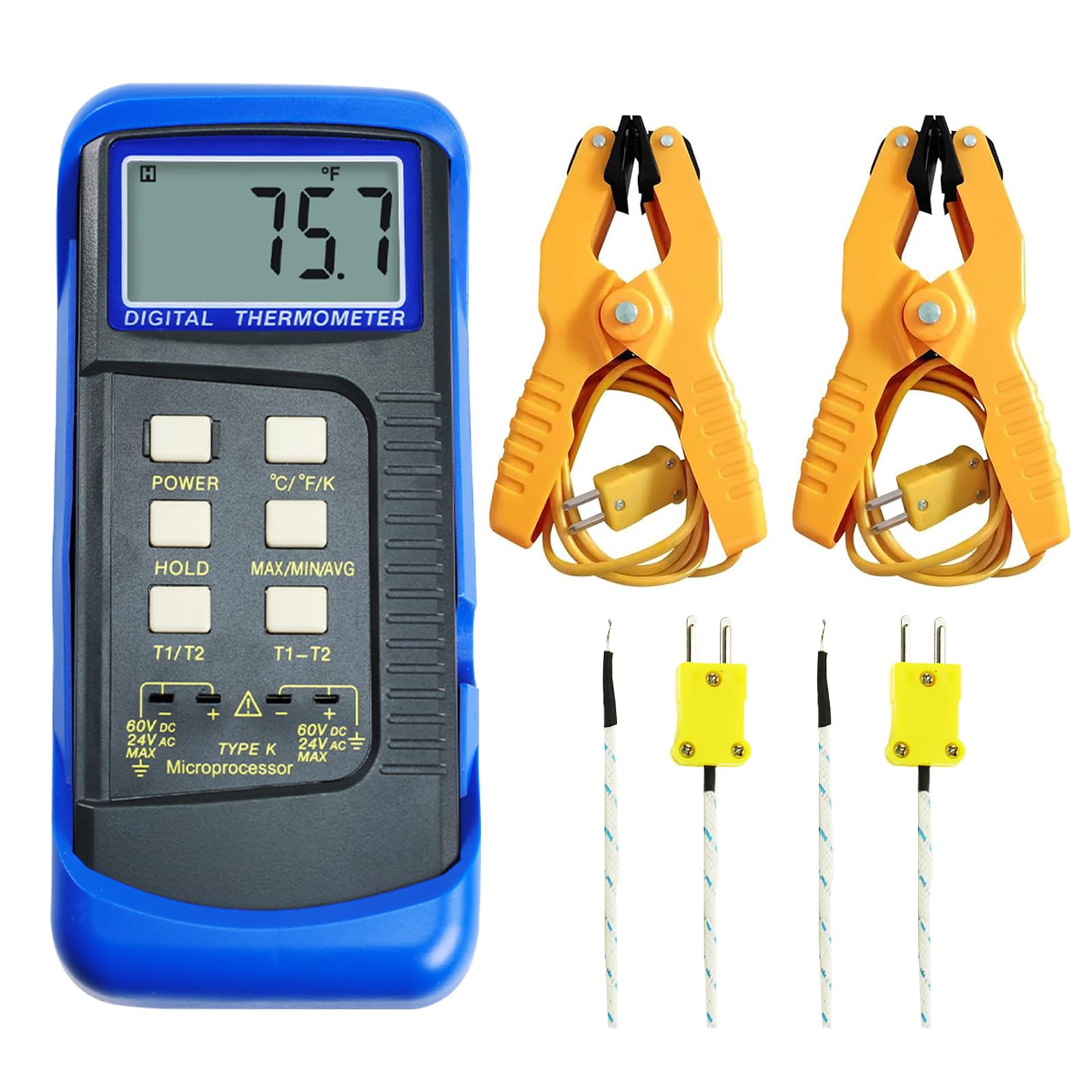 Termómetro digital de dos canales con termopar tipo K de -50 a 1300 °C, incluye abrazadera de temperatura y sondas con cable, medición de la diferencia y máx/min/AVG y diferencia para hornos, hornos