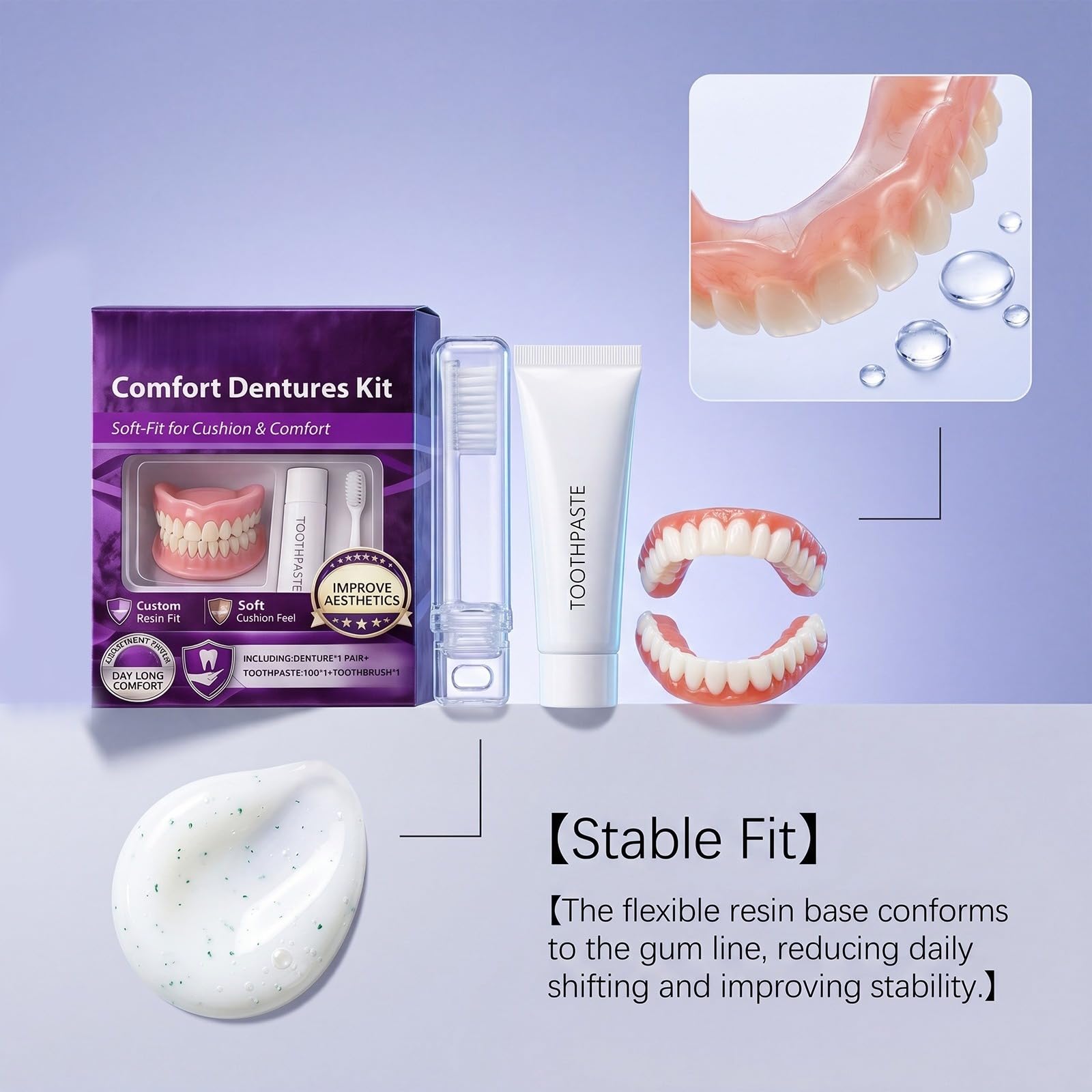 dentiera in silicone Vestibilità perfetta, adatta per uso domestico | dentiera provvisoria per mangiare, 10g Nourishing Toothpaste, Safe Non-Toxic, Stabile Fit