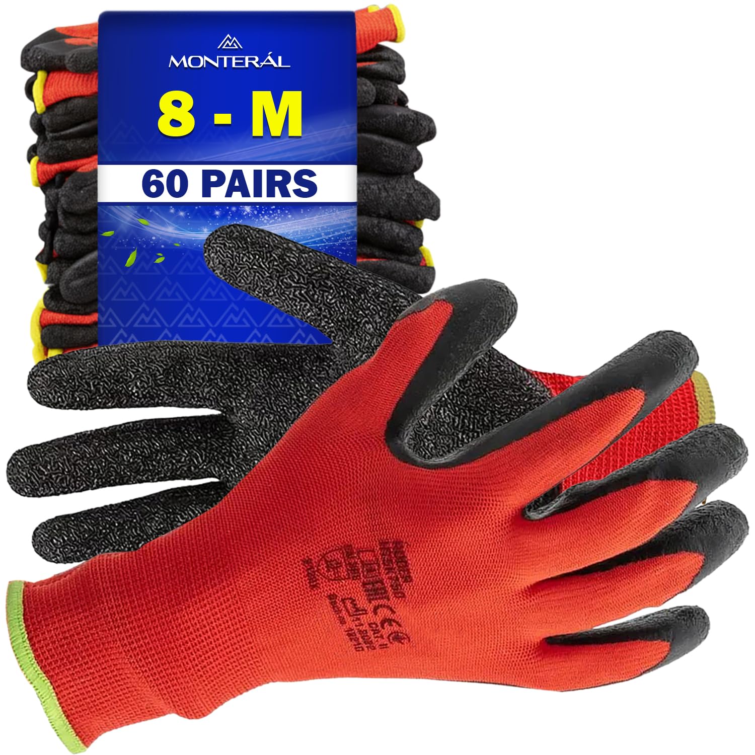 MONTERAL 60 Paires Gants de Travail Taille 8 M Protection Cat II Recouverts de Latex Anti-Slip - Gant de Travail Homme et Femme Utilisés pour Jardinage Travail Manutention Mecanicien Chantier