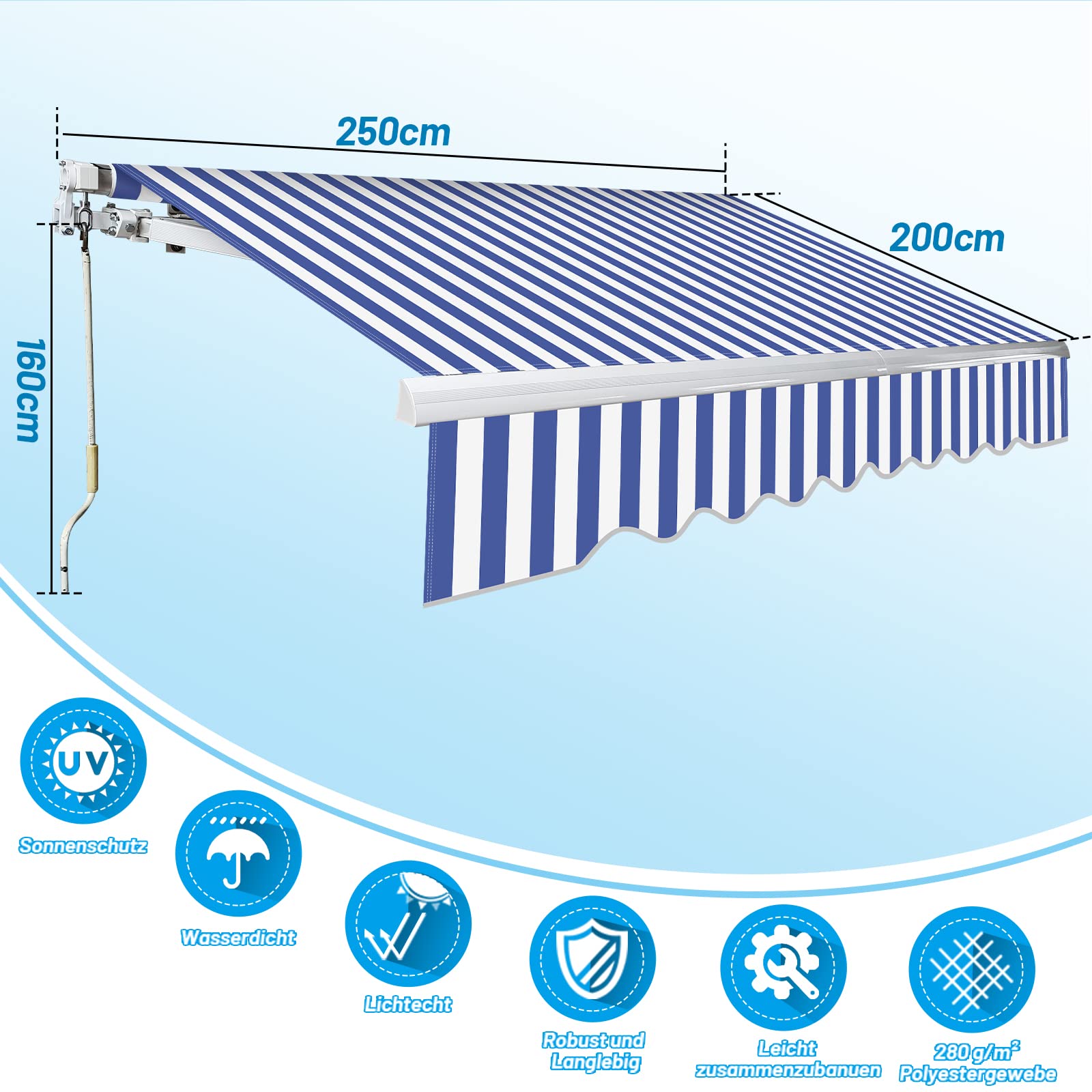 Markiza przegubowa, 250 x 200 cm, markiza balkonowa z korbą ręczną, kąt nachylenia do 30 stopni, ochrona przed słońcem, odporna na promieniowanie UV i wodoodporna, wymaga montażu,