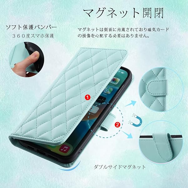 UnivoColors Sony Xperia 10 IV(SO-52C/SOG07)キルティグレザー調 手帳型ケース エレガント 高質PU マグネット開閉式 カード収納機能 スタンド機能 液晶全面保護 レンズ保護 ストラップ付属(ミントグリーン) - 2