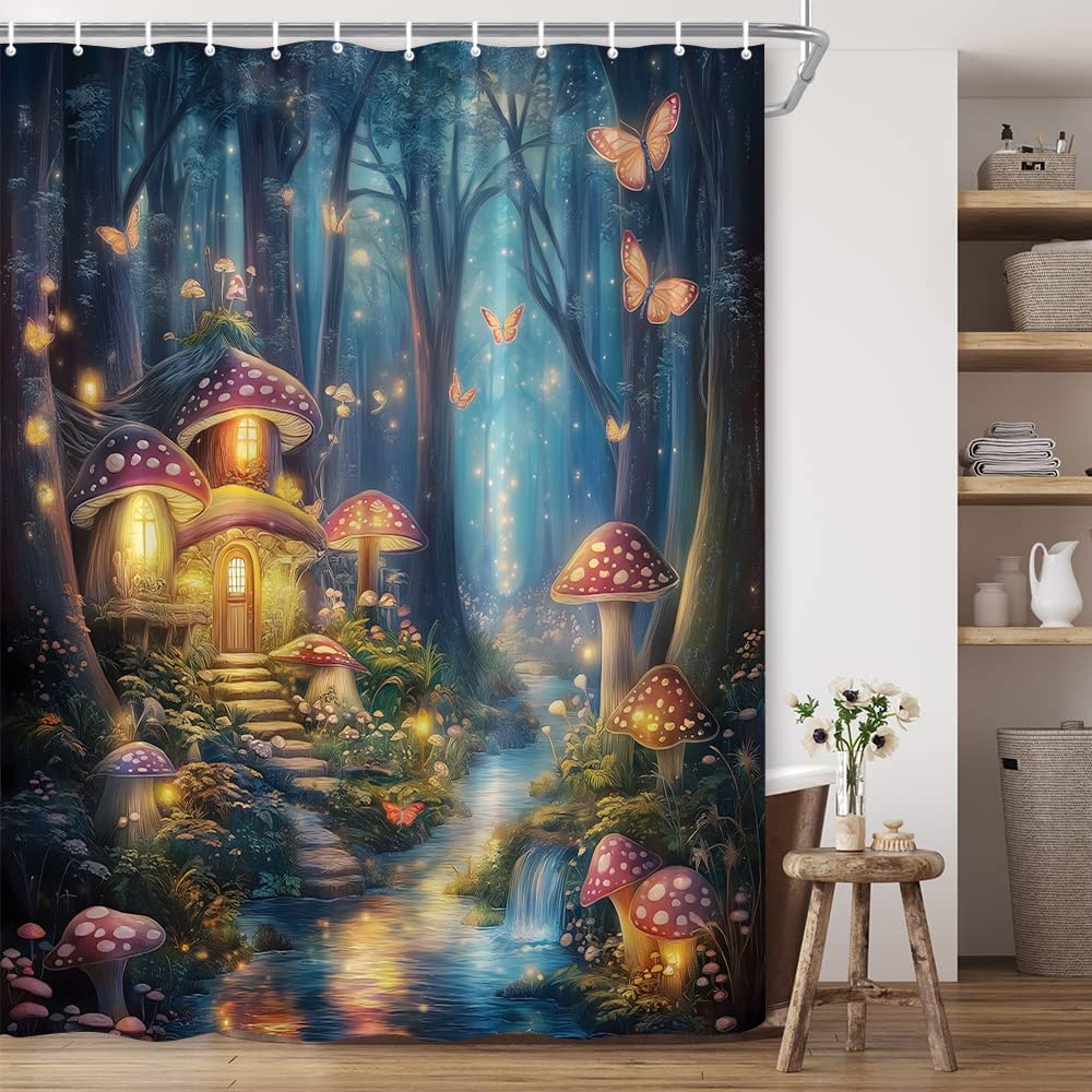 BCNEW Enchanted Forest Shower Curtain Fantasy Fairy Tales Mushroom Garden Butterfly Floral Waterfall Misty Forest Wonderland Polyester Fabric Bathroom