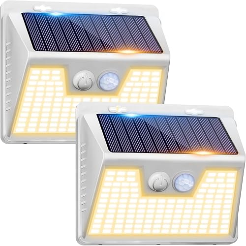 Miniatura 24 de Peasur Luces solares con sensor de movimiento para exteriores, paquete de 2 140 luces LED para valla, impermeable, marco blanco, iluminación de