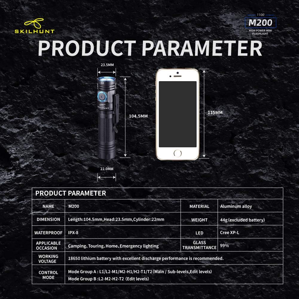 Uр Tо 40% оƒƒ SKILHUNT M200 New Handheld Flashlight Max 850 Lumens Samsung LH351D High 90 CRI LED Flashlight with Magnetic Customized UI Rechargeable Editable Flashlights (M200 Hi CRI + BL-135 Battery)