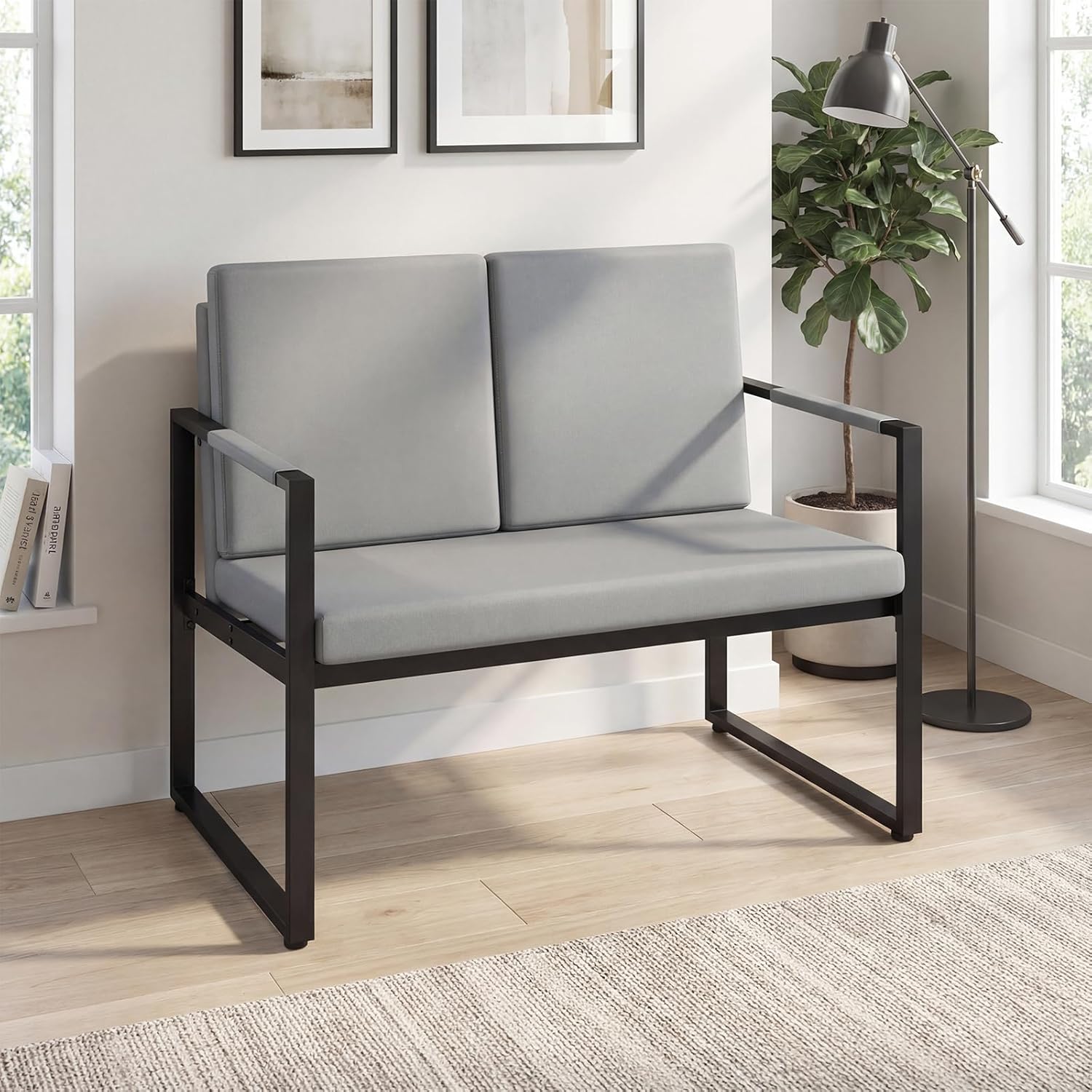 KOMFOTT Modern Industrial Loveseat Sofa, 2-Seater Faux Leather Couch with Heavy-Duty Metal Frame, Armrests & Removable Cushions, Compact Sofas for Living Room, Office, Apartment, Small Spaces (Grey)