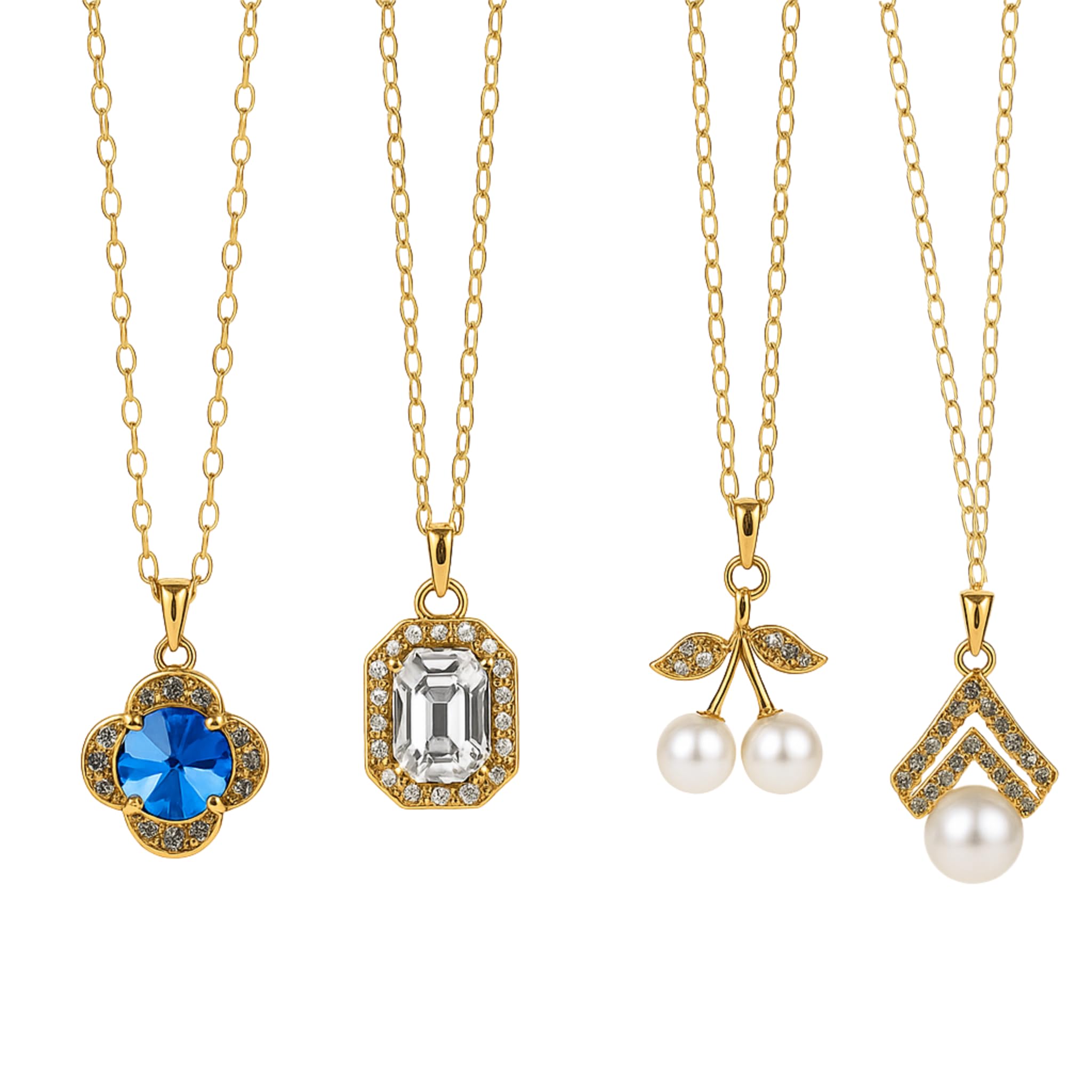 Set Of 4 Gold Plated Pendant Chain Elegant Blue Stone Crystal And Pearl Designs With Cherry And Floral Motifs Stylish Jewelry Gifting For Women
