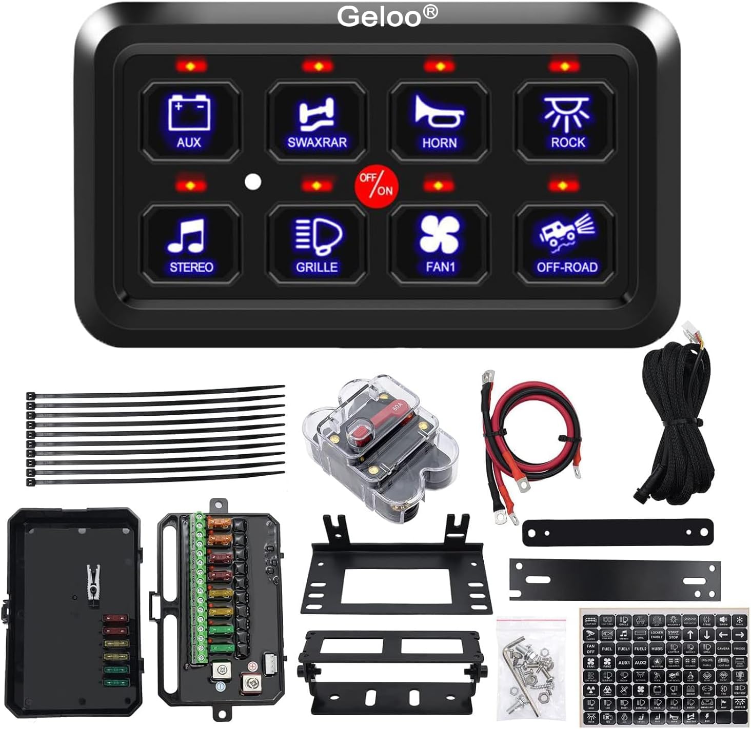 8 Gang Switch Panel Kit, 12V/24V Universal Circuit Control Relay System Touch Switch Box RGB Seven Colours with Automatic Dimmable On-Off Toggle Switch Panel for Car Truck RV Boat SUV