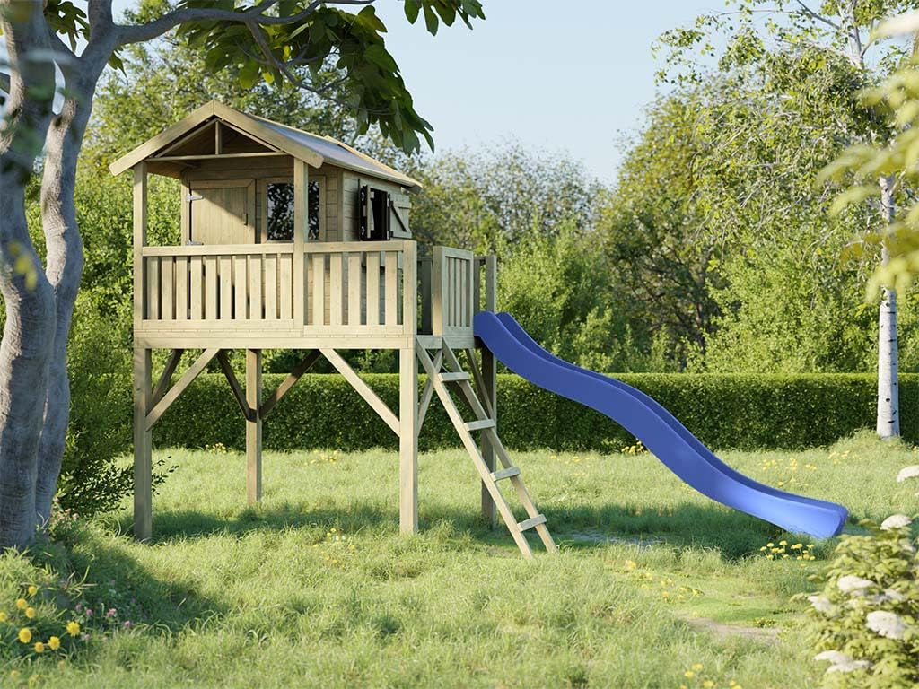 Stelzenhaus Funny XXL KDI | 285x188x303 cm | Kesseldruckimprägniertes Kiefernholz | Mit Veranda, Balkon & Blauer Rutsche | 146 cm Podest | Kinder Outdoor Spielhaus