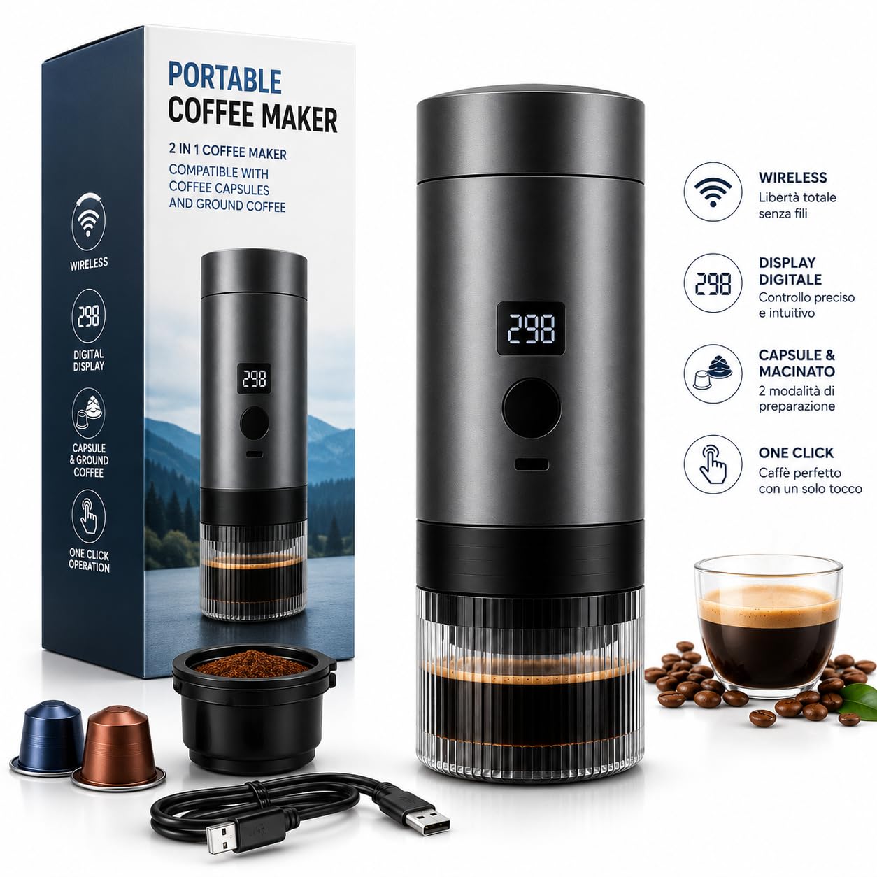 Caffettiera Elettrica Portatile Wireless con Display Digitale, Compatibile con Capsule e Caffè Macinato, Macchina da Caffè Espresso Ricaricabile USB-C, One Click, Ideale per Viaggi, Auto e Campeggio