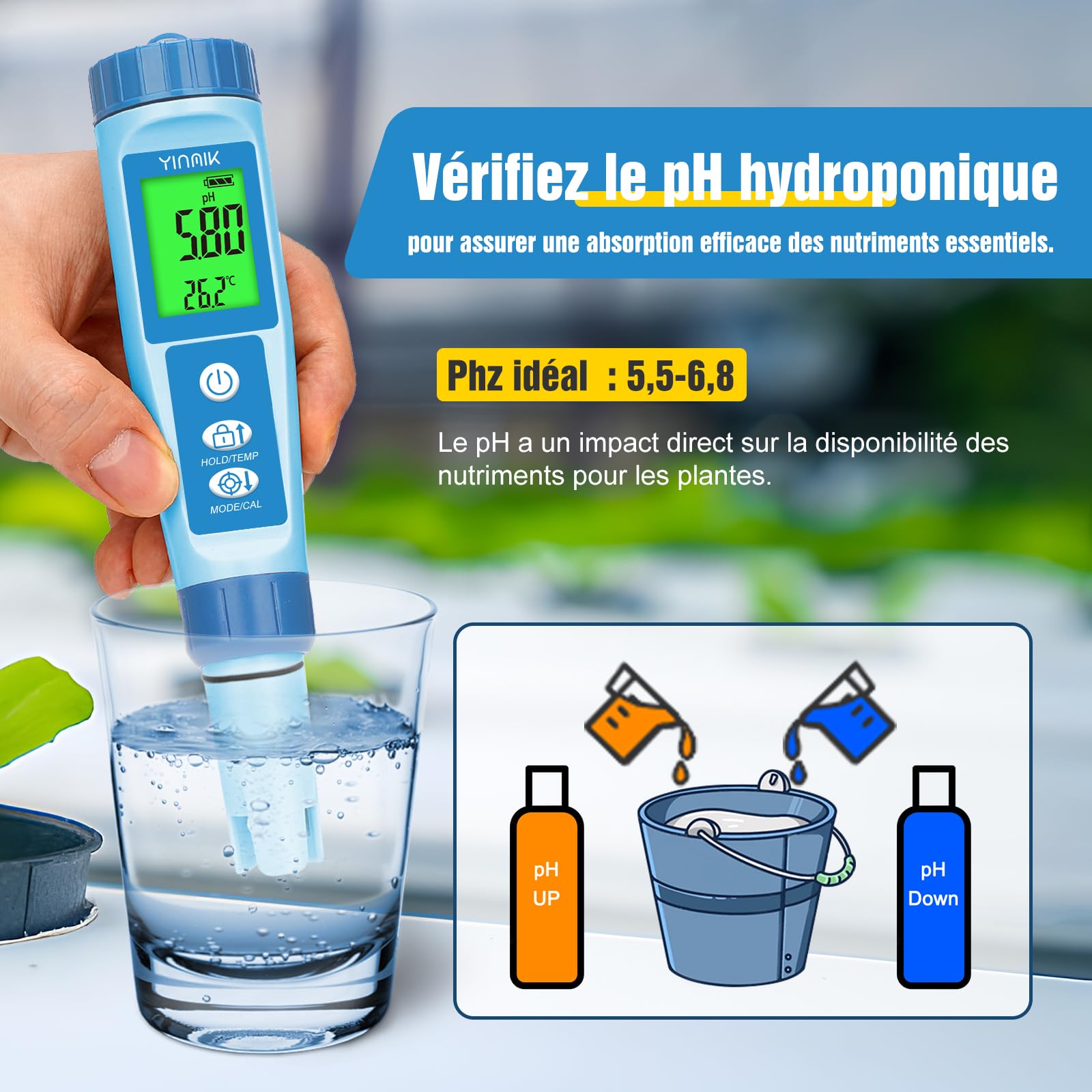 YINMIK Testeur pH EC TDS 4 en 1, pH-Mètre Digital | Mesure pH, EC, TDS, T° simultanés, Pour Hydroponie, Piscine, Spa, Aquarium, Avec Précision