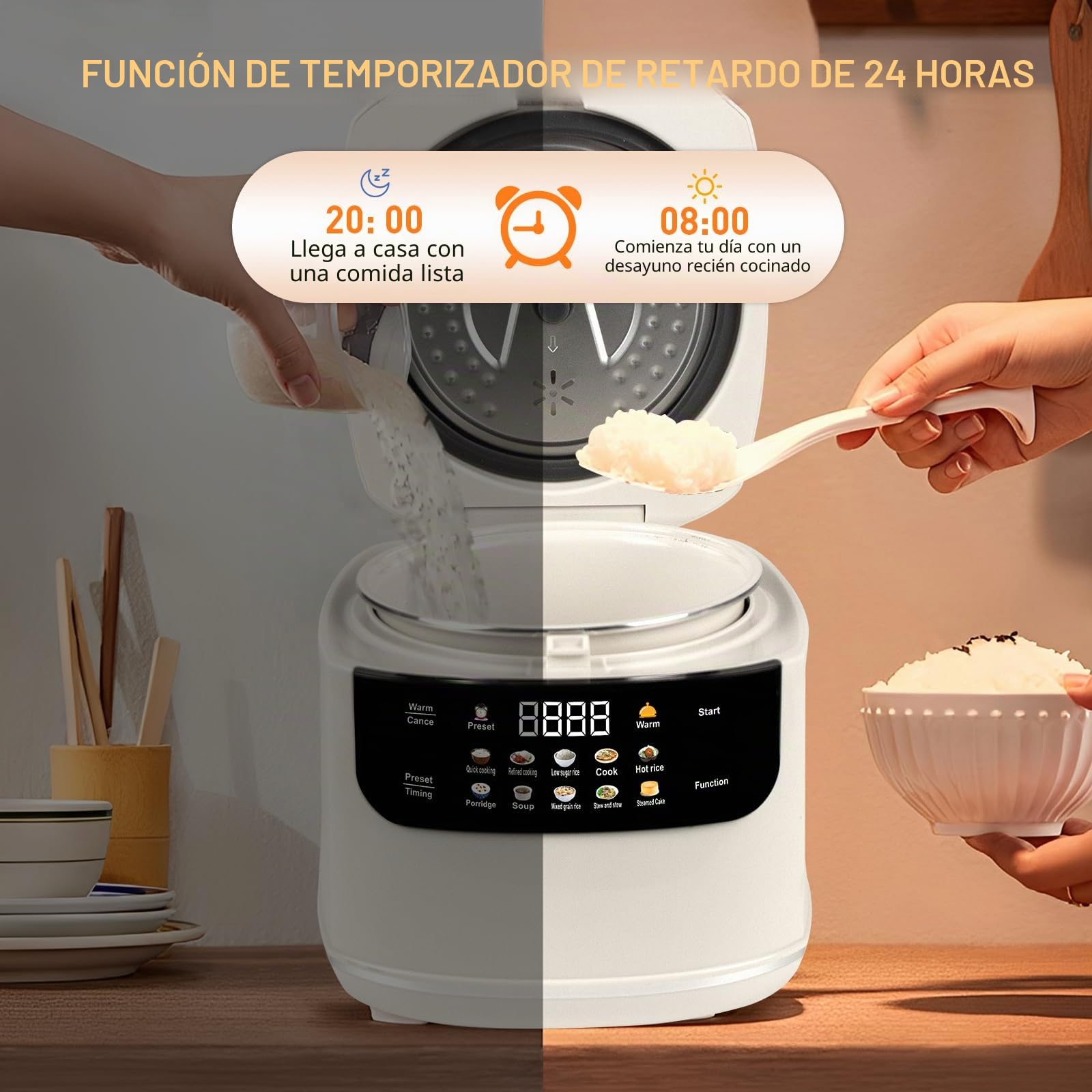 Arrocera Low Sugar 2L, arrocera 10 en 1 con vaporera y temporizador | Con función baja en carbohidratos, mantener caliente 8 h y temporizador 24 h, fácil de limpiar para uso diario