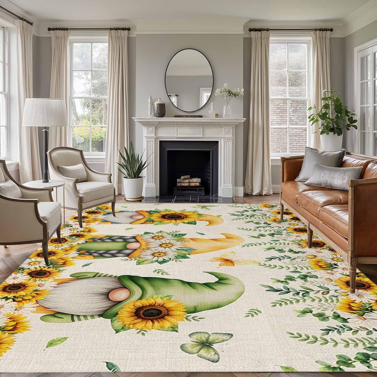 5×7 Area Rugs for Living Room, Spring Gnomes Washable Rug Rectangular Indoor Carpet Non-Slip, Retro Botanical Flowers Leaves Butterfly Low Pile Bathroom Rug Kitchen Runner Rugs for Bedroom