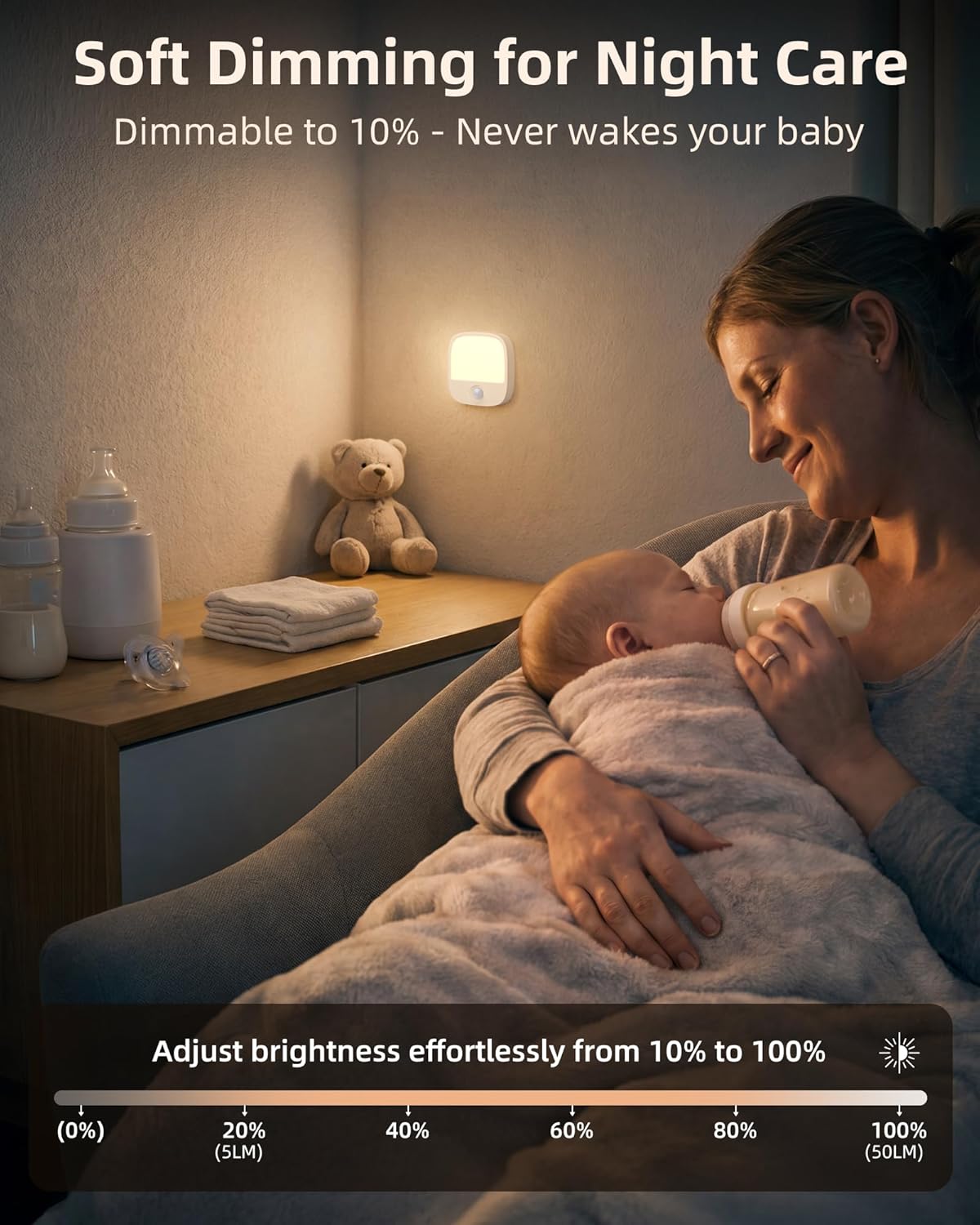 An EZVALO night light illuminating a baby's room, with a slider indicating brightness adjustment from 10% to 100% (5LM to 50LM).