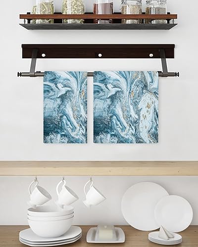 Miniatura 3 de Kitchen Towel 2 Packs Cotton Waffle Weave, Blue and Gold Marble Abstract Liquid Texture 16 x 24 Inch Absorbent Quick Drying Dish Towels Clothes for