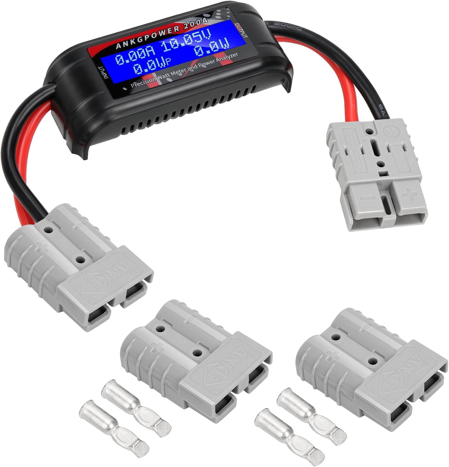 200A Power Analyzer with Power connectors, High Precision RC with Digital LCD Screen for Voltage (V) Current (A) Power (W) Charge(Ah) and Energy (Wh) Measurement Two Sets of 50A Gray Power connectors