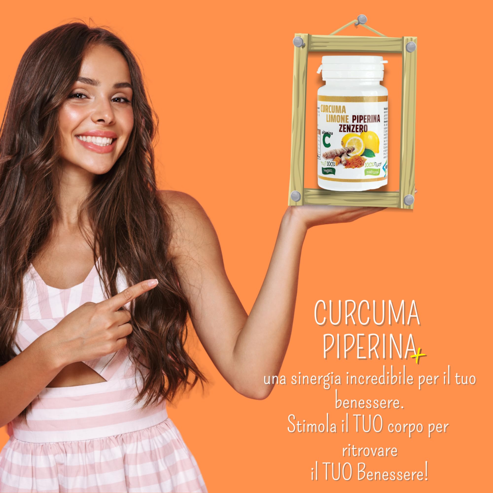 Curcuma Piperina e Vitamina C plus Limone e Zenzero. Dose Forte di Curcuma 5000 mg e Vitamina C + Piperina + Zenzero 130 Compresse Vegane Senza Zuccheri e senza Glutine, Made in Italy