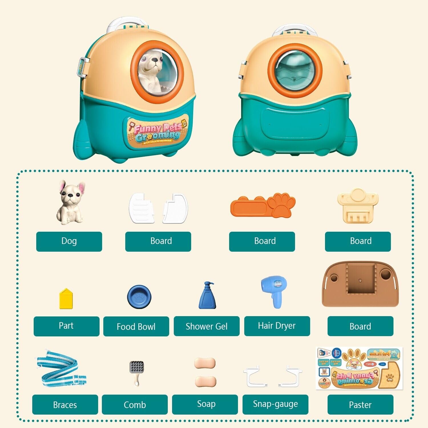 Jeu d'Imitation Vétérinaire pour Enfants 16 Pièces - Soins Animaliers, Toilettage Chien et Sac à Dos Transporteur - Idéal Cadeau