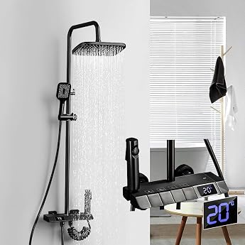 Shower System Black with Temperature LED Display 30 x 19 cm Overhead Shower Shower Fitting with 3 Function Hand Shower Stainless Steel Shower Fitting Complete Set with 86-120 cm Adjustable Shower Rail