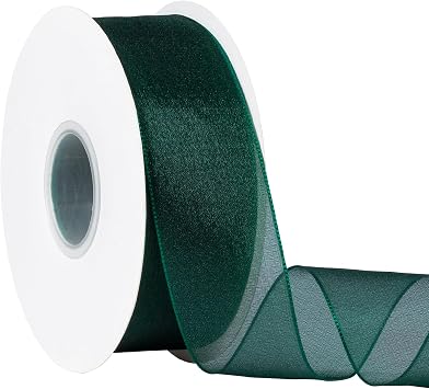 Sheer Organza Ribbon 1-1/2 Inch Chiffon Ribbons for Bouquets Garland, Gift Wrapping, 50 Yards/Roll Dark Green