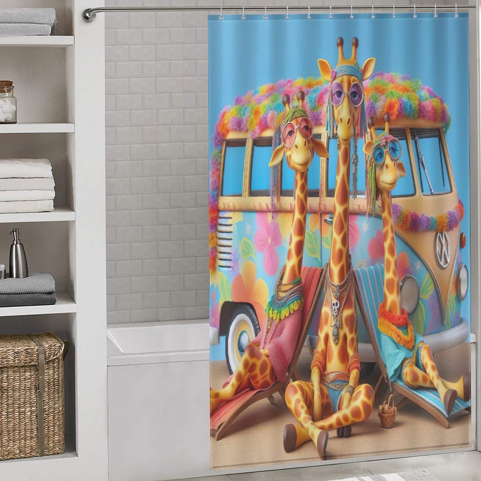 Rideau de douche girafe imperméable en polyester anti-éclaboussures avec crochets