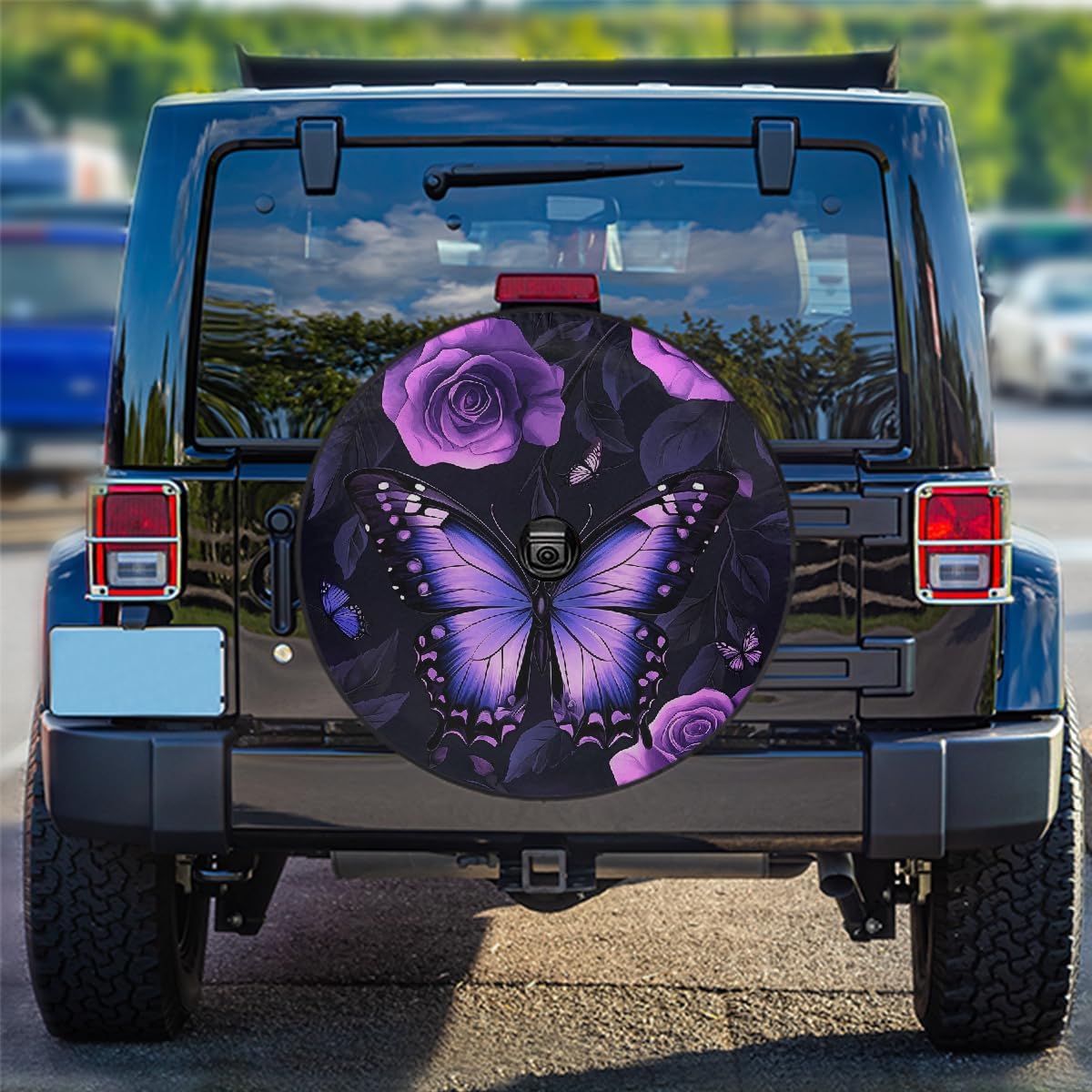 Spare Tire Cover with Backup Camera Hole Purple Rose Butterfly Waterproof Tire Cover Fit for Rv SUV Truck Travel Trailer 17inch