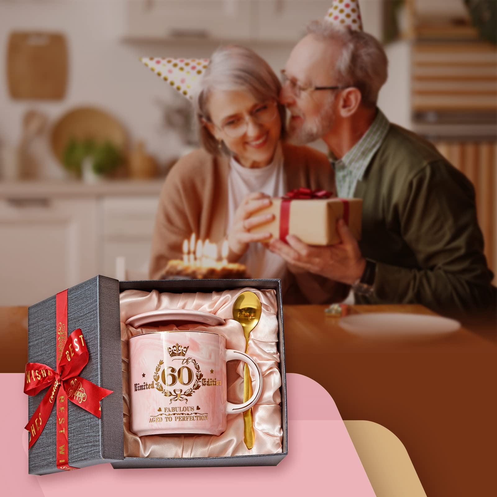 60th Birthday Gifts for Women - Fabulous 1966 Aged to Perfection Happy Birthday Mug - Limited Edition 60th Pink Coffee Mug Printed with Gold, Gift Idea for Turning 60 Years Old Women, Gift Boxed