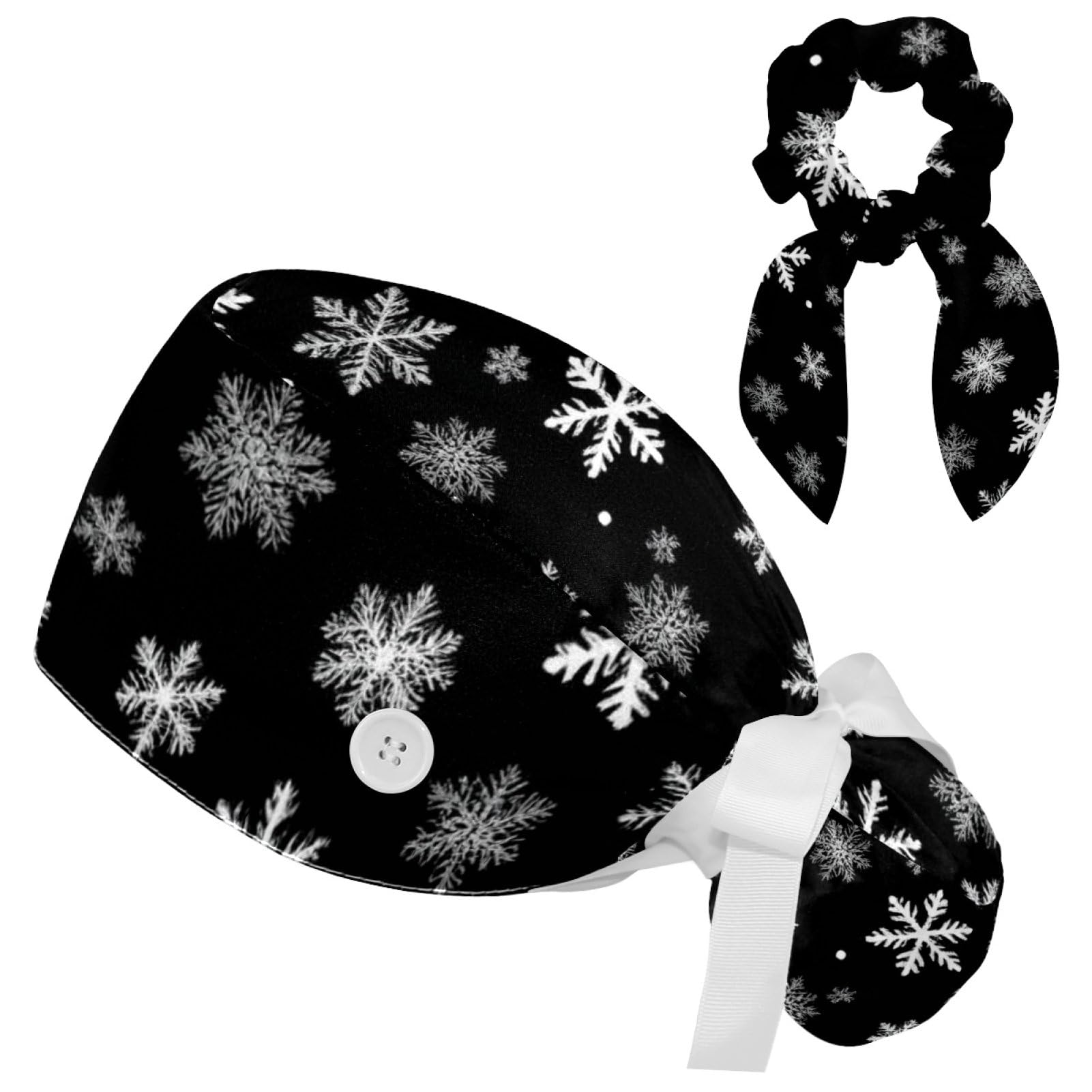 Adjustable Winter Blue Snowflake Surgical Scrub Cap with Button, Ponytail Pouch, Sweatband for Women with Bow Hair Scrunchy