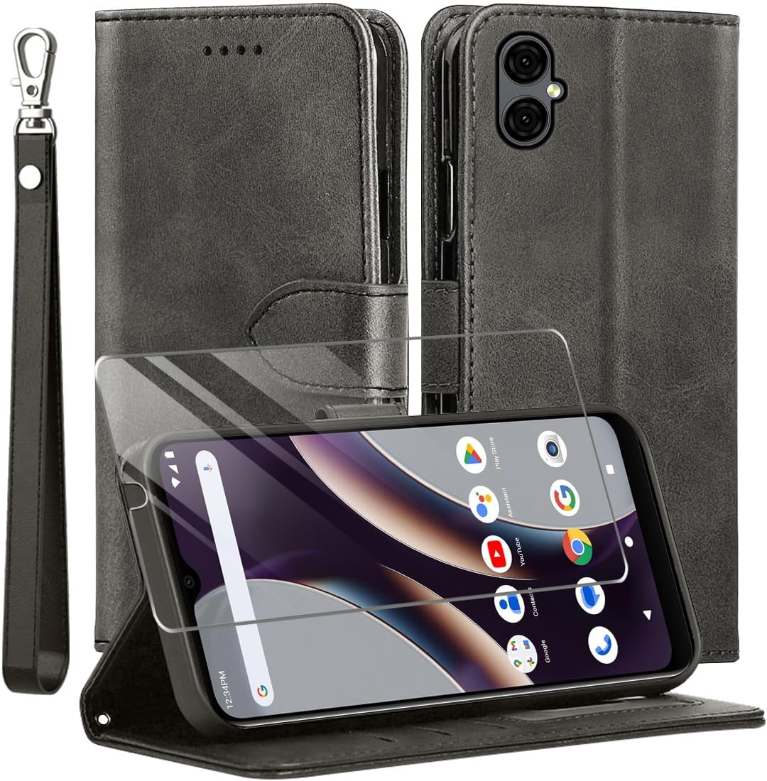 TTYSHTT for BLU G53 Case and Tempered Glass Screen Protector, PU Leather Flip Cover Wallet Phone Case Protector [Full Protection] [Card Slots] [Kickstand] for BLU G53, Black