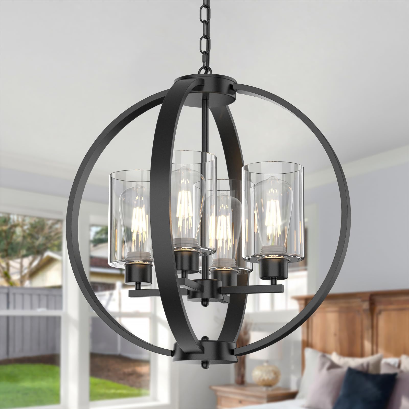 4-Light Black Chandelier Light Fixture, 18in Farmhouse Dining Room Chandeliers with Glass Shade Globe Lighting Fixtures Modern Pendant Lamp for Kitchen Island Entrance Foyer Living Room