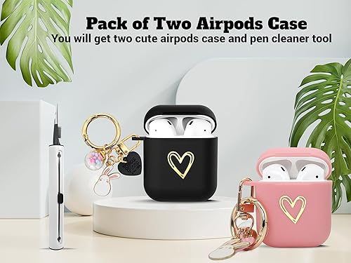 Miniatura 5 de REDX1 [Paquete de 2] Funda compatible con AirPods, funda protectora de diseño de corazón dorado con accesorios de llavero de la suerte, TPU suave