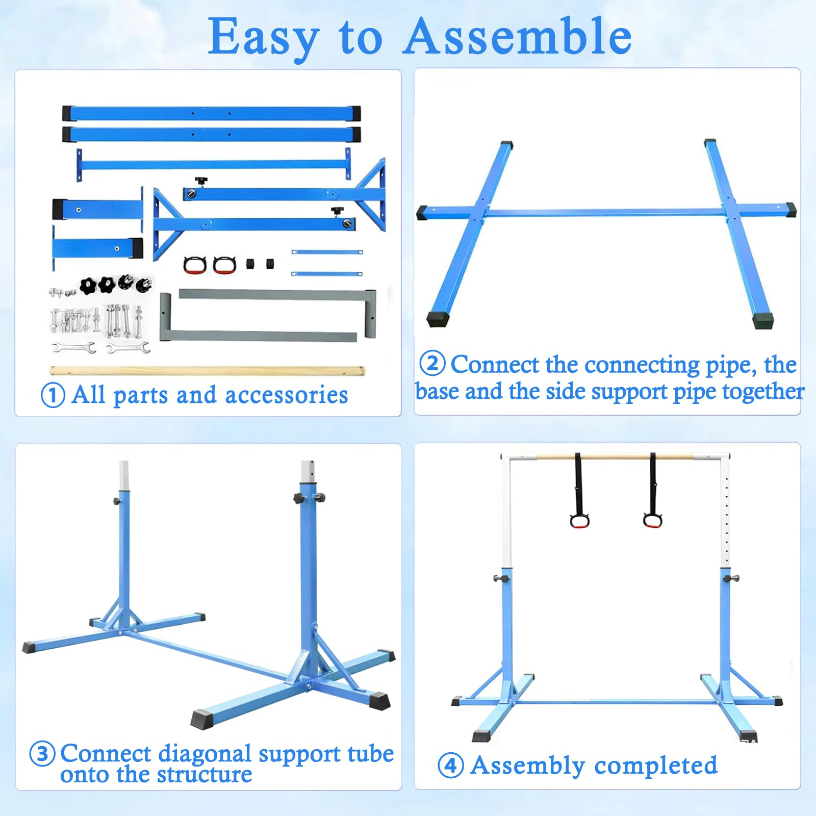 Kids Gymnastics Bar Horizontal Bar with Gymnastic Rings 13 Height Adjustable,Junior Training Kip Bar Gymnastics Equipment for Home Gym, Indoor Outdoor Use